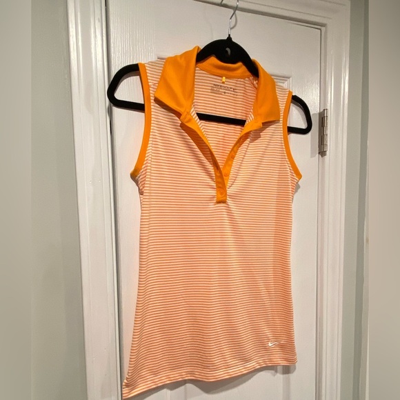 Nike Dri Fit Gold Size XS Sleeveless V Neck Collared Athletic Top Orange Stripes - Picture 3 of 10